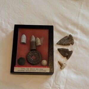 Civil War Relics Display with Bullets and Arrowheads